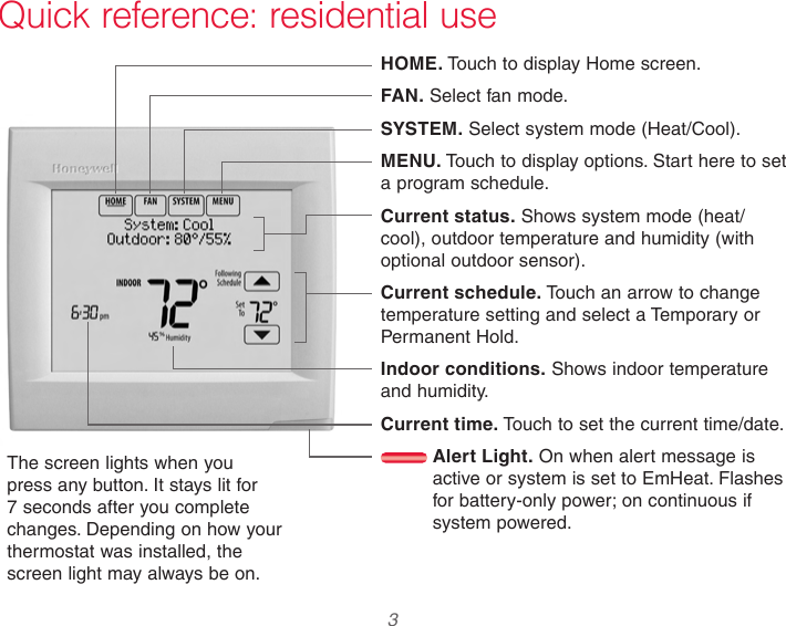  3 Quick reference: residential useHOME. Touch to display Home screen.FAN. Select fan mode.SYSTEM. Select system mode (Heat/Cool).MENU. Touch to display options. Start here to set a program schedule.Current status. Shows system mode (heat/cool), outdoor temperature and humidity (with optional outdoor sensor).Current schedule. Touch an arrow to change temperature setting and select a Temporary or Permanent Hold.Indoor conditions. Shows indoor temperature and humidity.Current time. Touch to set the current time/date. Alert Light. On when alert message is active or system is set to EmHeat. Flashes for battery-only power; on continuous if system powered.The screen lights when you press any button. It stays lit for 7 seconds after you complete changes. Depending on how your thermostat was installed, the screen light may always be on.