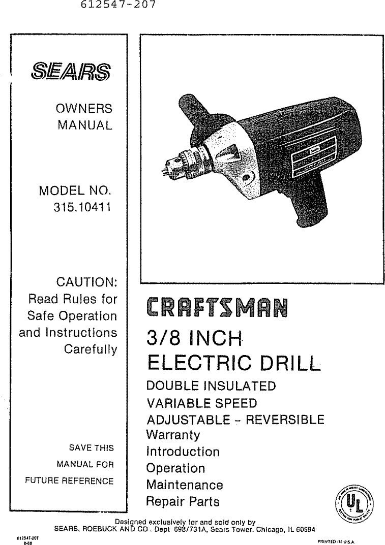 Page 1 of 12 - Craftsman 31510411 User Manual  3/8 INCH ELECTRIC DRILL - Manuals And Guides 1006753L