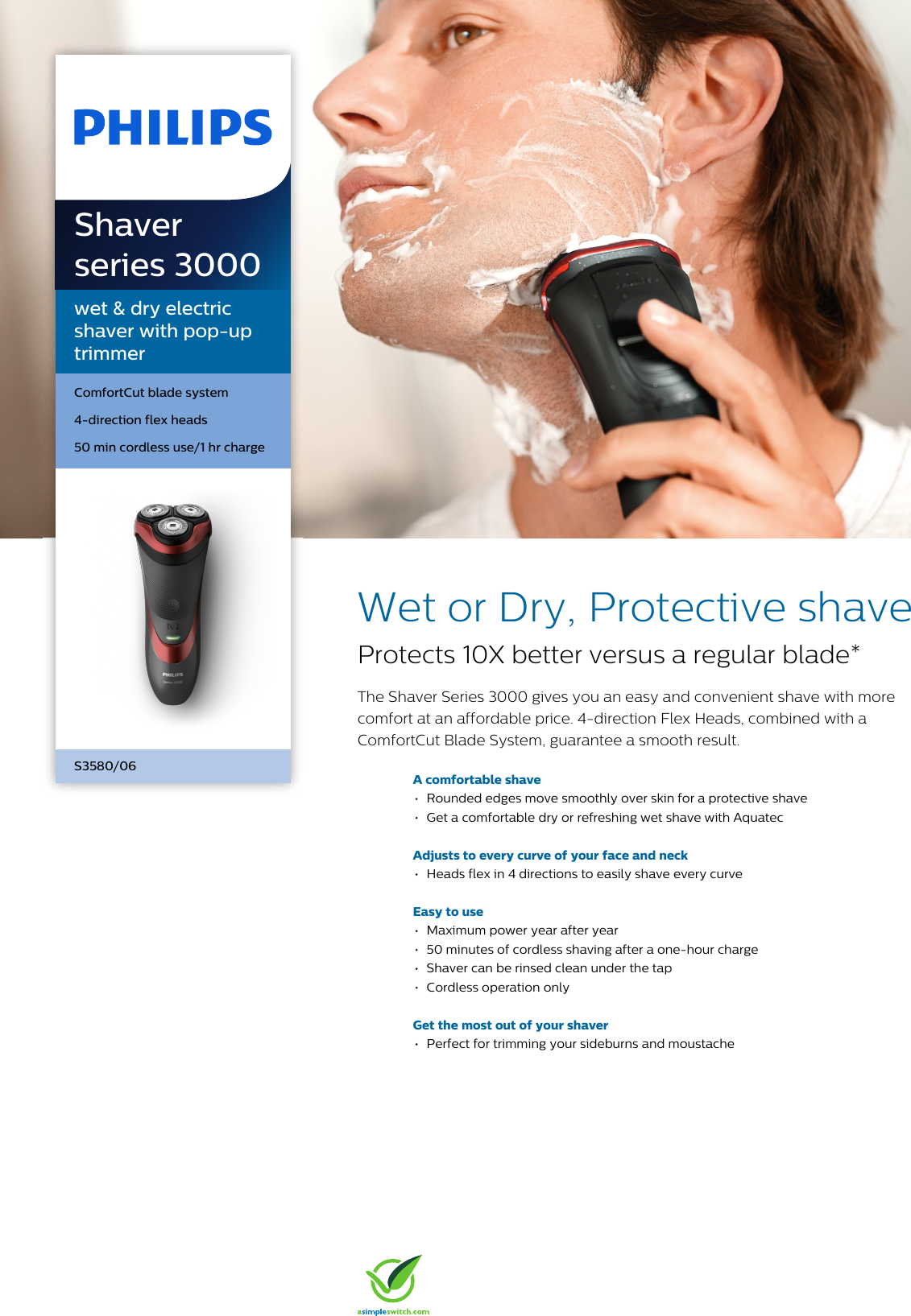 Page 1 of 3 - Philips S3580/06 Wet & Dry Electric Shaver With Pop-up Trimmer User Manual Leaflet S3580 06 Pss Enggb