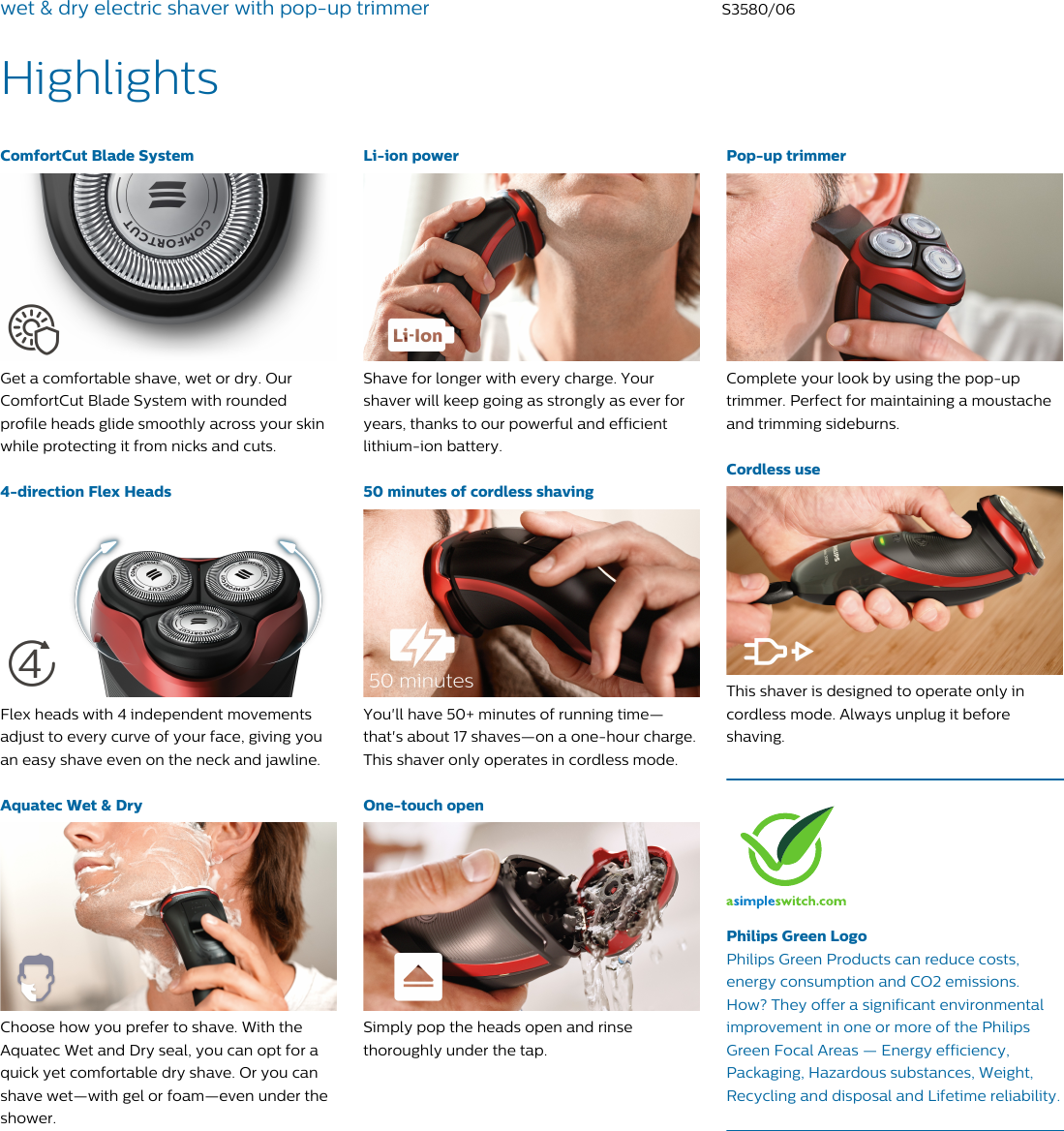 Page 2 of 3 - Philips S3580/06 Wet & Dry Electric Shaver With Pop-up Trimmer User Manual Leaflet S3580 06 Pss Enggb