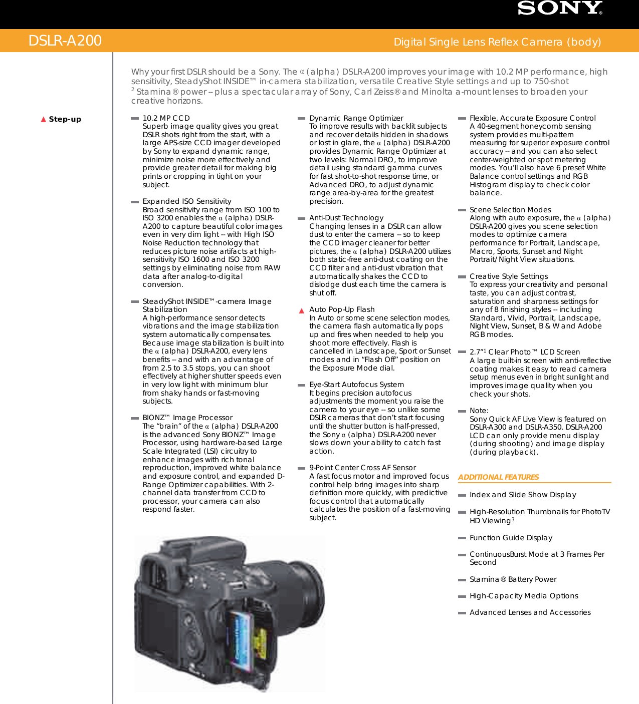 Page 1 of 2 - Sony DSLR-A200 User Manual Marketing Specifications (DSLR-A200) DSLRA200 Mksp